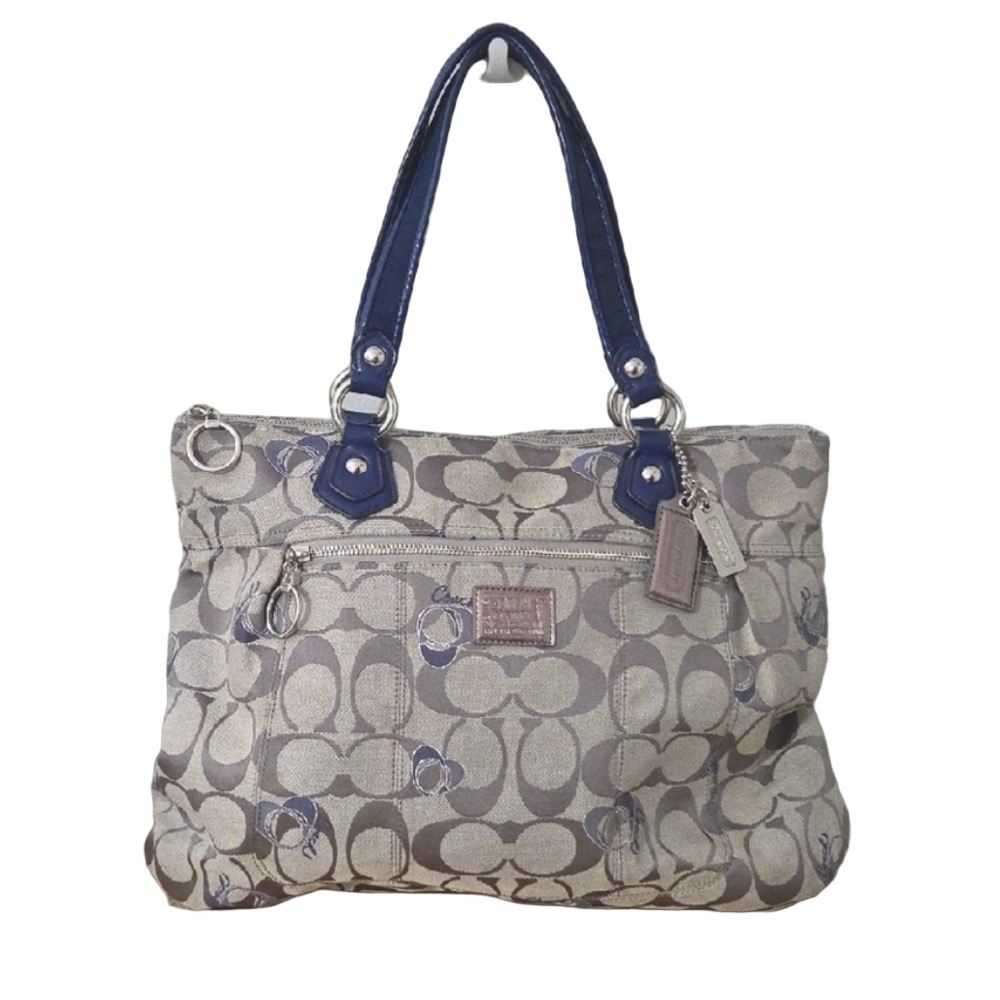 Coach Signature Tote Blue Gray Canvas Leather Trim Shoulder Bag EUC F18711